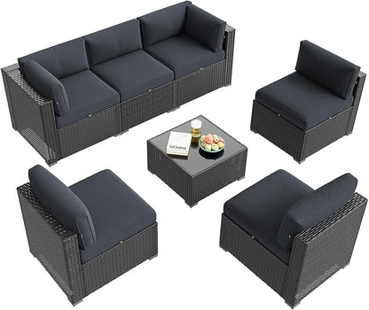 Aoxun Patio Furniture Set, 7 Piece Outdoor Sectional Sofas with Waterproof Cover, Wicker Rattan Outdoor Furniture Patio Conversation Set for Backyard, Garden Dark Grey