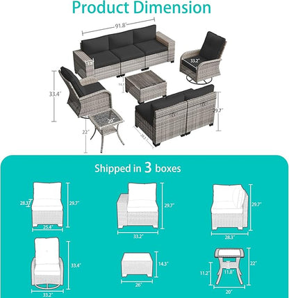 9-Piece Outdoor Patio Furniture Set with Rocking Swivel Chair Wicker Sectional Sofa Set, Patio Conversation Set with Thickened Cushions & Coffee Table for Garden, Backyard, Dark Grey