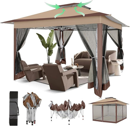 COBIZI 12x12 Pop Up Gazebo On Clearance Canopy Tent- Upgrade Metal Outdoor Canopy Waterproof - Portable Gazebo with Mosquito Nettings, 4 Ropes 8 Stakes and Carry Bag for Patio Garden(Coffee)
