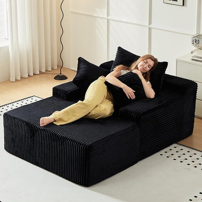 67 Inch Chaise Lounge Chair Indoor, Oversized Upholstered Boneless Sofa Bed, Corduroy Deep Seat Sleeper Couch Reading Chairs, Comfy Cloud Sofas Couches for Living Room, No Assembly Required (Black)