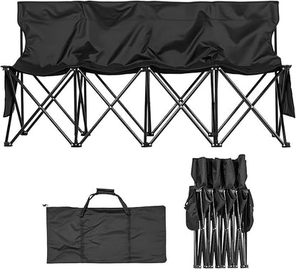 VEVOR Portable Folding Bench, 4 Seat Foldable Soccer Bench with Side Pockets and Carrying Bag, Lightweight Sideline Seating with Back Rest for Football, Baseball, Camping, Outdoor Events, Black
