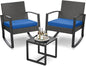 3 Piece Patio Bistro Set Patio Furniture Set Outdoor Wicker Rocking Furniture Conversation Set with Tempered Glass Coffee Table for for Front Porch Balcony and Deck (Blue Cushion)