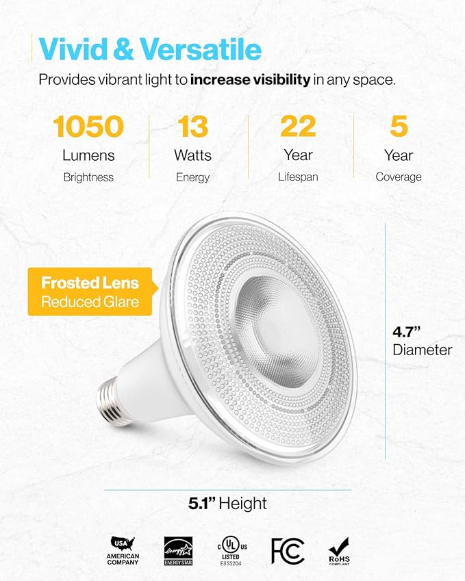 Sunco 30 Pack PAR38 LED Flood Light Outdoor Bulb, Waterproof Bright Dimmable 13W=100W, 5000K Daylight, 1050lm, E26 Base UL Energy Star Listed.