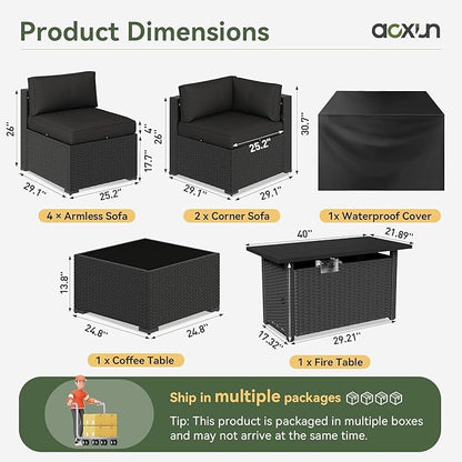 Aoxun 8 Piece Patio Furniture Set with 44” Fire Pit Table, Wicker Rattan Patio Sectional Sofa, Outdoor Furniture Set with Thickened Cushion, Black