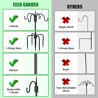 FEED GARDEN 4-Hook Squirrel-Proof Bird Feeder Pole - 92" Heavy-Duty Shepherd's Hook with 5-Prong Base & 19" Baffle for Multiple Feeders & Plants