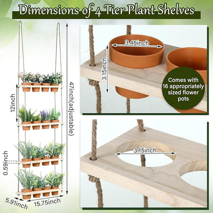 4 Tiered Window Plant Shelves Hanging Herb Planter Indoor Display with 16 Pcs Flower Pots Wood Window Plant Hanger for Grow Herbs Succulents Microgreens Seedling Organization