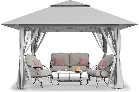 CROWN SHADES 11X11 Outdoor Pop Up Gazebo Base 10X10 Patio Gazebos Patented Center Lock Quick Setup Newly Designed Storage Bag Instant Canopy Tent with Mosquito Nettings (11x11, Gray)