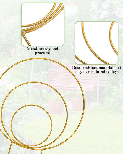 3 Pack Premium Round Plant Trellis Indoor, Small Metal Plant Support Stake for Climbing Plants, Different Sizes Gold Garden Trellis for Ivy and Flowers Outdoor