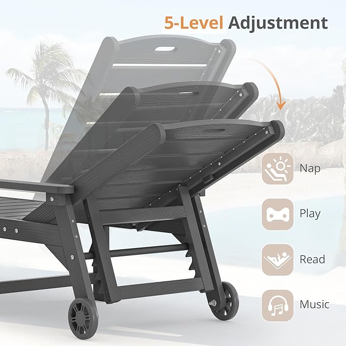 LUE BONA Chaise Lounge Chair with Table, 2-Piece, HDPS Chaise Lounger, 5 Positions Adjustable Lounge Chairs, Pool Lounge Chair with Wheels for Poolside, Backyard, Dark Gray