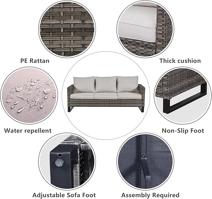 Belord 7 PCS Outdoor Furniture Set, Mixed Grey Wicker, Beige Cushion, Includes Swivel Rocker Chairs, Sofa, Ottomans, Water-Resistant