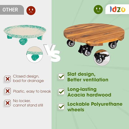 Idzo 2pack 12inches Wood Plant Caddy with Wheels Heavy Duty, 264 Lbs Capacity, Acacia Hardwood Plant Dolly, Plant Stand with 360° Lockable Wheels for Plant Pots, Heavy Objects Hauling - Natural Wood