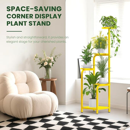TOSKING 5 Tier Tall Plant Stand Indoor Outdoor, Heavy Duty Corner Shelf for Plants & Decor, Space Saving 3.9FT Metal Flower Pot Stand for Balcony, Garden, Living Room, Patio( Yellow, 5Tier SQ Base)