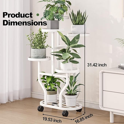 Plant Stand 5 Tier Indoor Outdoor Metal Flower Shelf with Wheels Multi Plants Holder Display Rack for Garden Patio Balcony Living Room White (White, 5 Tier)