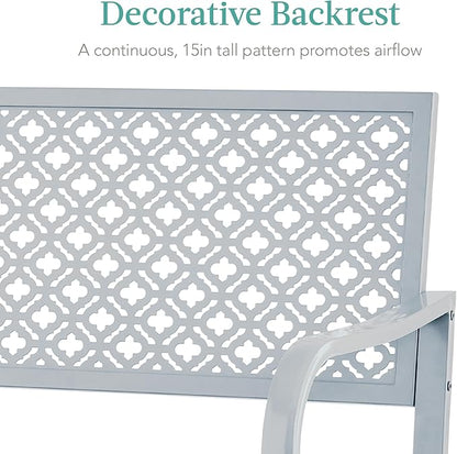 Best Choice Products Outdoor Bench 2-Person Metal Steel Benches Furniture for Garden, Patio, Porch, Entryway w/Geometric Backrest, 790lb Capacity - Light Gray