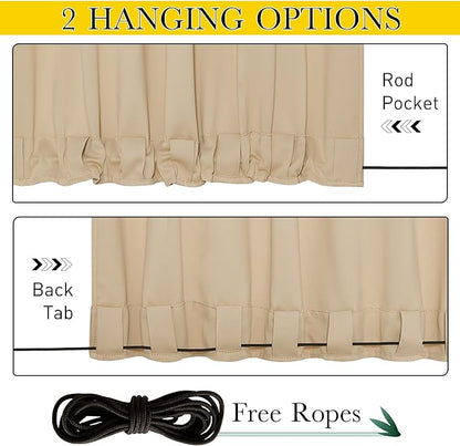 NICETOWN 2 Panels Outdoor Patio Curtains Windproof Top & Bottom Grommet & Back Tab, Thermal Insulated Windproof Drapes Keep Privacy for Garage/Porch with Ropes for Fixed, Biscotti Beige, W46 x L80