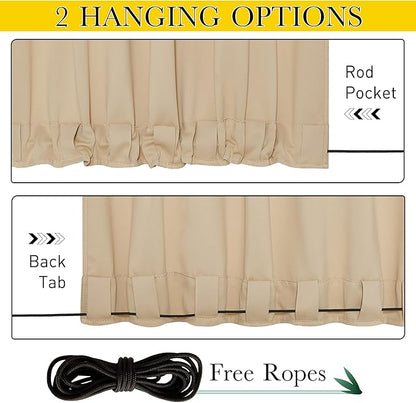 NICETOWN 2 Panels Outdoor Curtains for Patio Waterproof & Windproof, Grommet & Back Tab on Top & Bottom Weighted Drapes Keep Sun/Rain Out with Bouns Rope for Deck, Biscotti Beige, W84 x L108