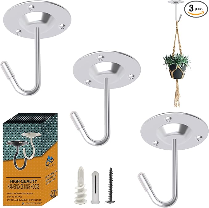 NACETURE Ceiling Hooks for Hanging Plants 3 Pack - Plant Hanger Indoor Hanging Hooks Metal Plant Bracket Iron Lanterns Hangers for Wind Chimes (Stainless Steel 3 Pack)