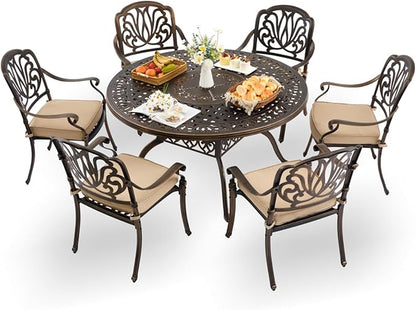 7-Piece Cast Aluminum Patio Furniture, Outdoor Dining Sets for 6 Include 54" Round Patio Dining Table and 6 Stackable Chairs with Cushions & Umbrella Hole (Bronze)