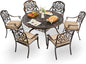 7-Piece Cast Aluminum Patio Furniture, Outdoor Dining Sets for 6 Include 54" Round Patio Dining Table and 6 Stackable Chairs with Cushions & Umbrella Hole (Bronze)