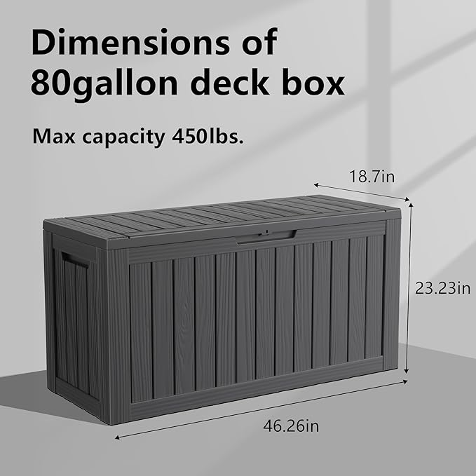 Deck Box 80 Gallon Black Resin Outdoor Storage, Lockable