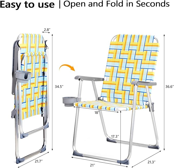 Patio Dining Chairs Set of 2 Folding Aluminum Yellow with Cup Holder