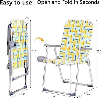 Patio Dining Chairs Set of 2 Folding Aluminum Yellow with Cup Holder