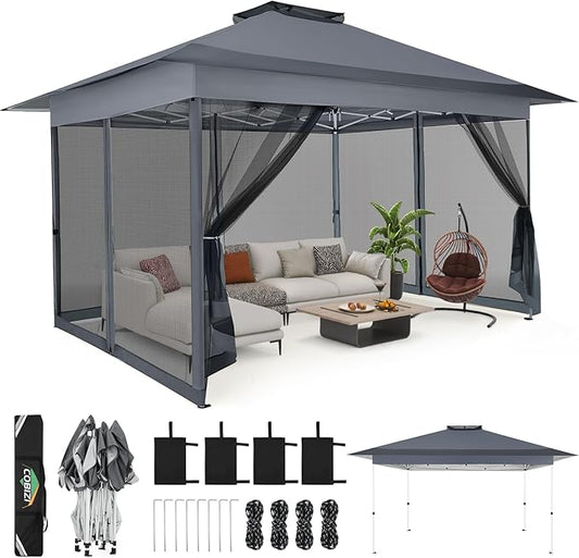 C0BIZI Gazebo 10x15 Pop up Canopy,Gazebos on Clearance-Canopy Tent with Mosquito Netting for Lawn,Garden,Backyard & Patio-Outdoor Tent-Water Resistant and UPF50+ (Gray)