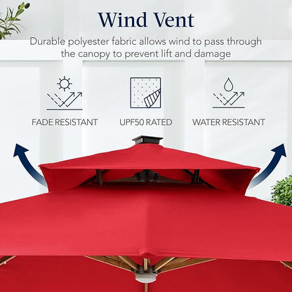 Best Choice Products 10ft Square Cantilever Patio Umbrella w/Base Included, Woodgrain Pattern Pole & Solar LED Lights, 360-Rotation, Offset Hanging Outdoor Shade - Red