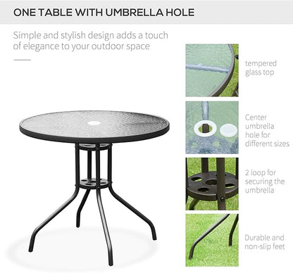 Outsunny 6 Piece Patio Dining Set for 4 with Umbrella, Outdoor Table and Chairs with 4 Folding Dining Chairs & Round Glass Table for Garden, Backyard and Poolside, Black and Coffee