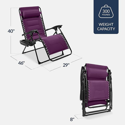 Best Choice Products Oversized Padded Zero Gravity Chair, Folding Outdoor Patio Recliner, XL Anti Gravity Lounger for Backyard w/Headrest, Cup Holder, Side Tray, Polyester Mesh - Amethyst Purple