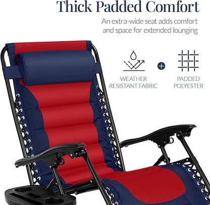 Best Choice Products Oversized Padded Zero Gravity Chair, Folding Outdoor Patio Recliner, XL Anti Gravity Lounger for Backyard w/Headrest, Cup Holder, Side Tray, Polyester Mesh - Navy/Red