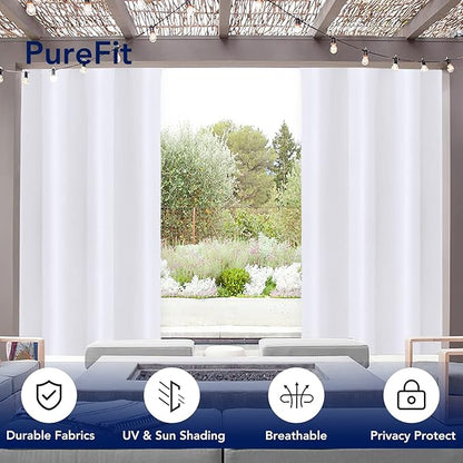 PureFit Outdoor Curtains for Patio Waterproof Weatherproof, UV Resistant Outside Curtains for Gazebo, Front Porch, Pergola, Sun Blocking Privacy Curtain, 52W x 108L inch, Set of 2, White