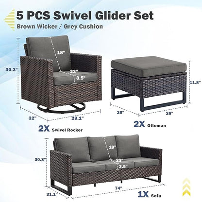 Belord Wicker Patio Furniture 5 Piece Outdoor Sofa Set, Oversize Outdoor Swivel Rocker Chairs with Rattan Ottomans, Conversation Sets Patio Furniture Come with Removable Cushion Grey, Anti-Rust Frame