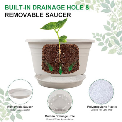 6 Pack 10 inch Plant Pot, Outdoor Pots for Plants with Drainage Hole & Tray Saucer, Round Plastic Plant Pot, Decoration Flower Pots for Indoor Plants Home Garden Outdoor Planters (Gray White)