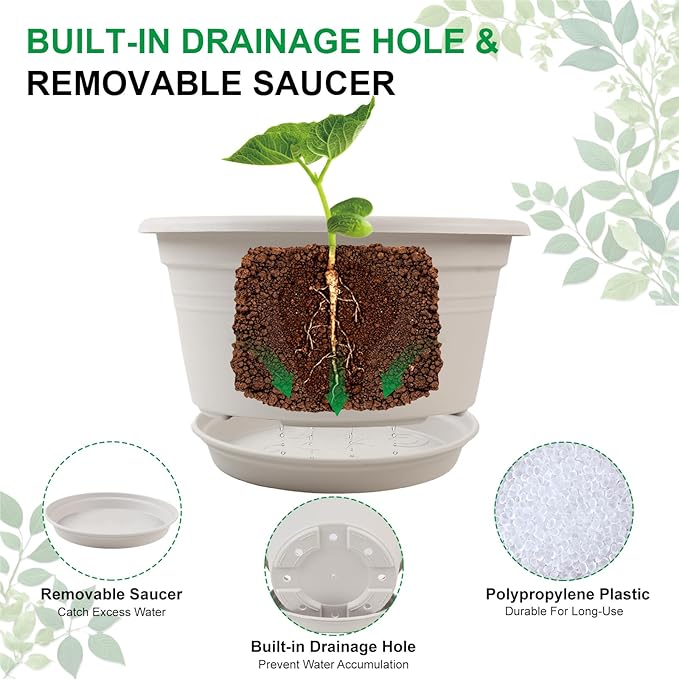 Large 4 Pack 13 inch Plant Pots, Round Plastic Pots for Plants, Outdoor Planters with Drainage Hole & Tray Saucer, Decoration Large Flower Pots for Indoor Outdoor Garden Home Plants (Gray White)