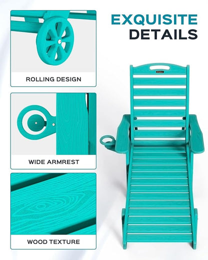 Lounge Chair Outdoor, Oversized Chaise Lounge Chair with 5 Positions, HDPE, Patio Lounge Chair with Wheels & Cup Holder for Pool, Deck, Poolside, Lake Blue