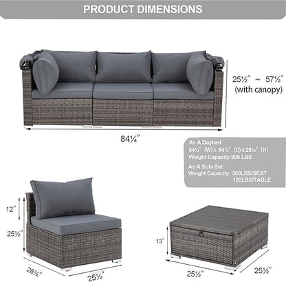 HOMREST 6 Pieces Patio Furniture Sets, Outdoor Daybed with Canopy, Rattan Outdoor Sectional Sofa Set with Adjustable Backrest, Chaise Chair Sunbed for Garden Poolside Backyard（Gray）