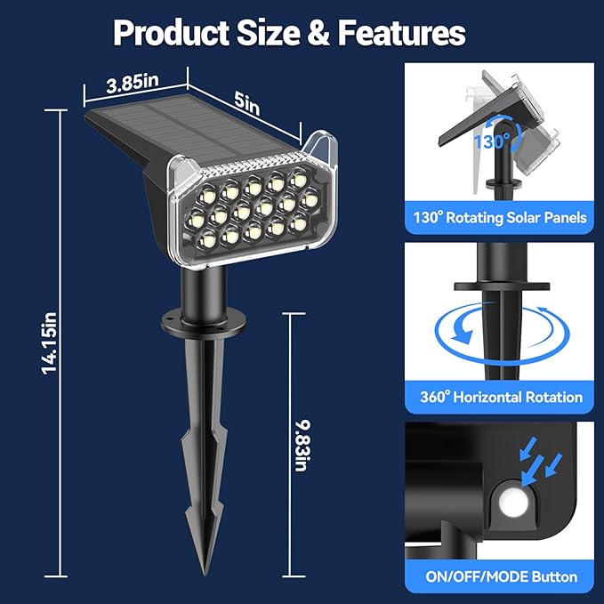 WdtPro Solar Spot Lights Outdoor Waterproof, Bright Solar Lights Outdoor with 16 Extra-Large LEDs, 3 Modes Landscape Spotlights, 2-in-1 Solar Powered Light for Yard Flag Garden, 4 Pack, Warm White