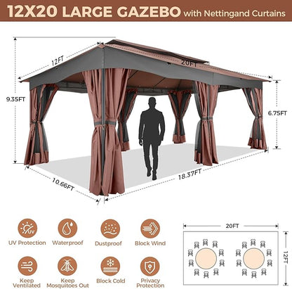 COBIZI Gazebo 12x20 Heavy Duty Gazebos with Curtain and Netting Outdoor Gazebo Canopy Double Roof Patio Gazebos with Metal Steel Frame for Patio, Deck, Backyard-Brown