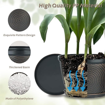 Quarut 4 Pack 6 Inch Flower Pots for Outdoor Indoor, Plastic Plant Pots with Drainage Hole & Saucer, Lightweight Small Flower Pot, Circle Pattern Planters for Garden House planters（Brown）