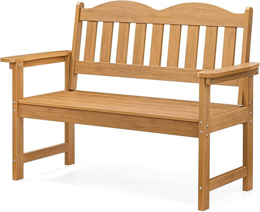 ONBRILL Outdoor Bench, 2-Person Poly Lumber Garden Bench with 800 lbs Weight Capacity, All-Weather Patio Bench with Armrests and Backrest for Garden, Porch, Backyard and Park, Teak