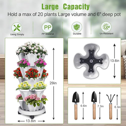 Vertical Strawberry Planter 5 Tier Stackable Tower Herb Planters-Stacking Garden Outdoor Planter Pot With Tools Mover For Succulents, Vegetables and Flowers