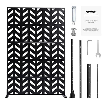 VEVOR Metal Privacy Screen, 47" W x 72" H, Outdoor Privacy Screens 5-Panel, Freestanding Outdoor Divider with Stand, Decorative Garden Steel Privacy Fence for Balcony Patio Indoor Room Black