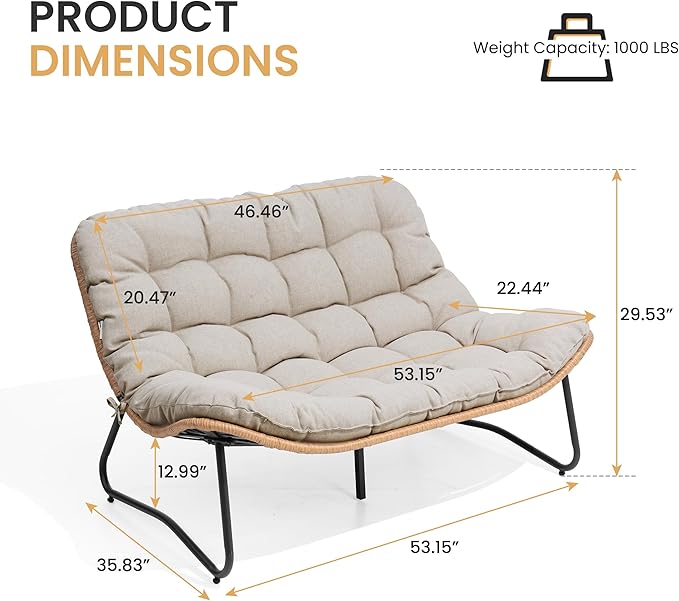 Crestlive Products Outdoor Loveseat, 2 Seater Outdoor Couch with Soft Cushion, All-Weather Boho Rattan Patio Furniture for Balcony, Poolside, Backyard, Porch (Beige)