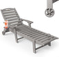 Chaise Lounge Outdoor, Lounge Chair Outdoor with Wood Texture, Adjustable 5-Position Backrest, HDPE Lounge Chair with Wheels & Cup Holder for Pool Deck Backyard, Light Grey