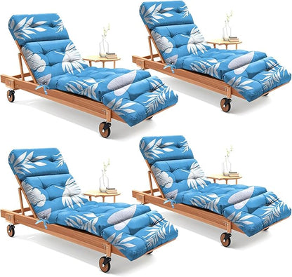 4 Pack Outdoor Chaise Lounge Chair Cushion 75.1 x 22.8 x 4.7 Inches 100% Waterproof Replacement Cotton Patio Pool Lounge Chair Cushion for Outdoor Furniture with Ties, Blue Leaf