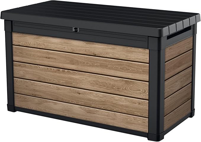 Keter Ashwood 100 Gallon Resin Deck Box Organization and Storage for Patio Furniture Outdoor Cushions, Throw Pillows, Garden Tools and Pool Toys, Brown