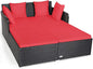COSTWAY Outdoor Patio Rattan Daybed, Sponge Cushioned Loveseat Sofa with 4 Pillows, Wicker Furniture Sunbed for Balcony, Courtyard (Red)