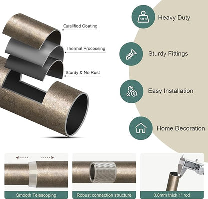 2 Pack Retro Silver Curtain Rods Set for Windows 66 to 120 Inches Adjustable Length Heavy Duty 1" Diameter Window Curtain Rod with Decorative Finials for Outdoor Bedroom Kitchen Living Room Farmhouse