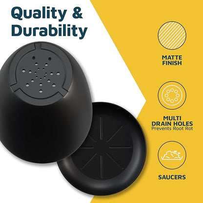 Black Plant Pots with Drainage Holes & Saucers 3 Pack, Indoor & Outdoor Stackable Space-Saving Planters for Houseplants & Flowers, (7", 6.7", and 6" Inches), Durable & Weatherproof Materials